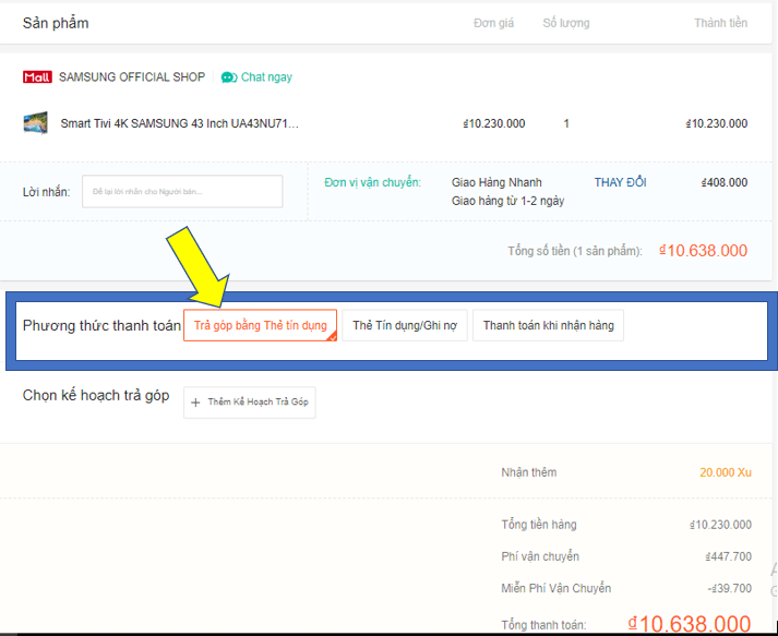 Hướng dẫn mua trả góp Shopee Chọn phương thức thanh toán bằng thẻ tín dụng khi mua trả góp Shopee
