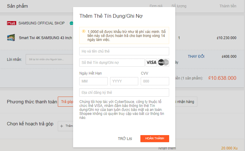 Hướng dẫn mua trả góp Shopee Điền thông tin thẻ tín dụng để mua hàng trả góp của Shopee