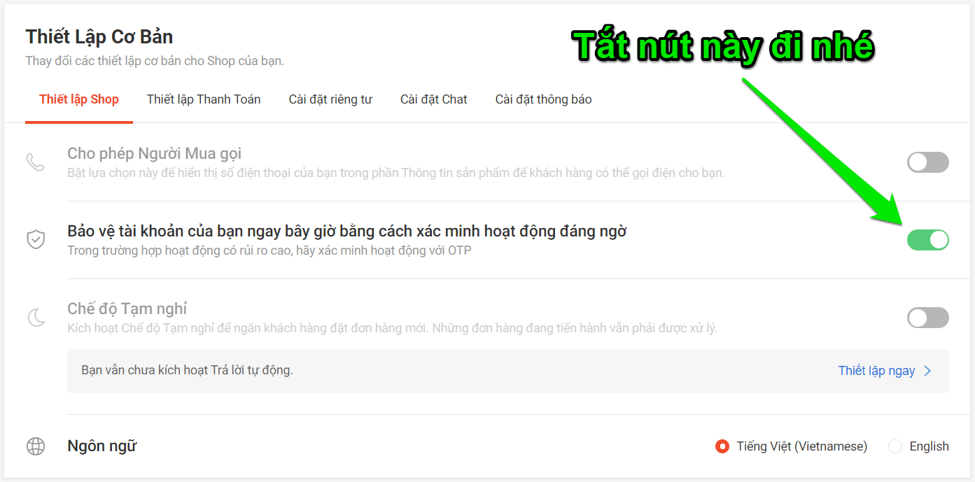 Tắt mã xác minh OTP trên Shope